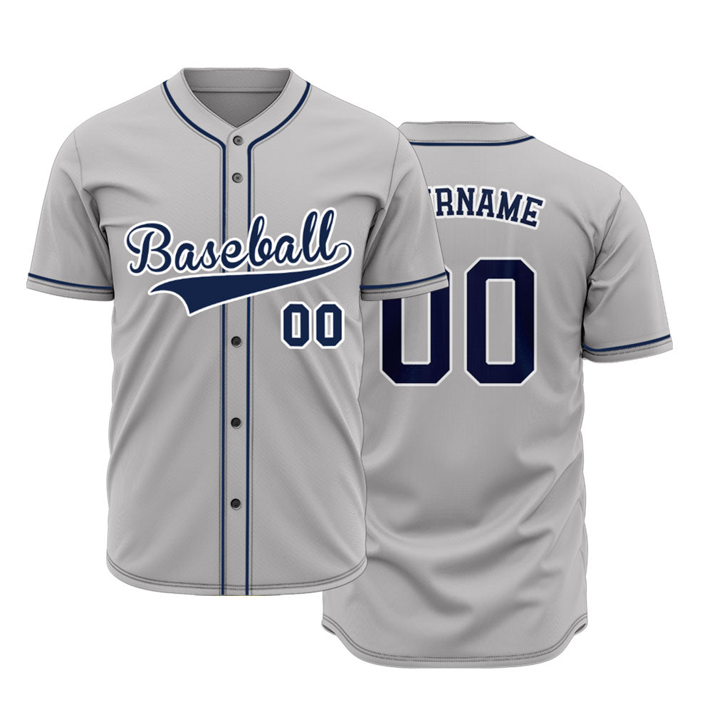 Custom solid gray baseball jersey with navy blue accents and trim