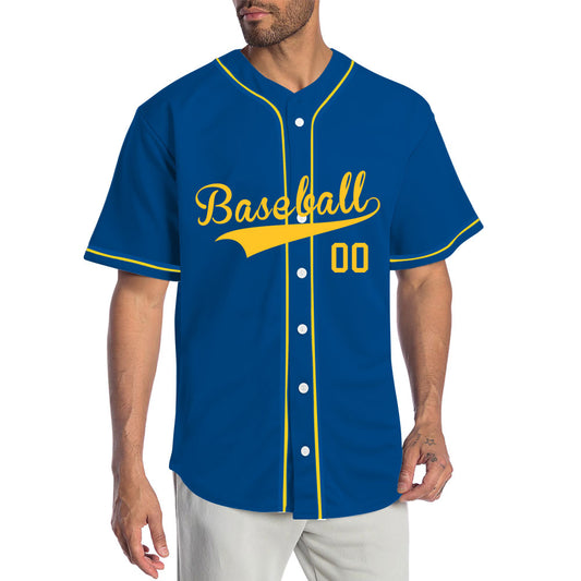 Custom Baseball Jersey with Navy Blue Base featuring Yellow Lettering and Piping