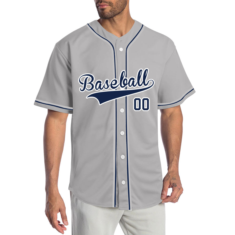 Custom solid gray baseball jersey with navy blue accents and trim