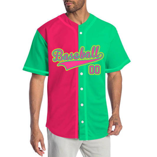 Custom Split Color Baseball Jersey with Neon Green and Hot Pink Panels featuring Yellow Outline Lettering