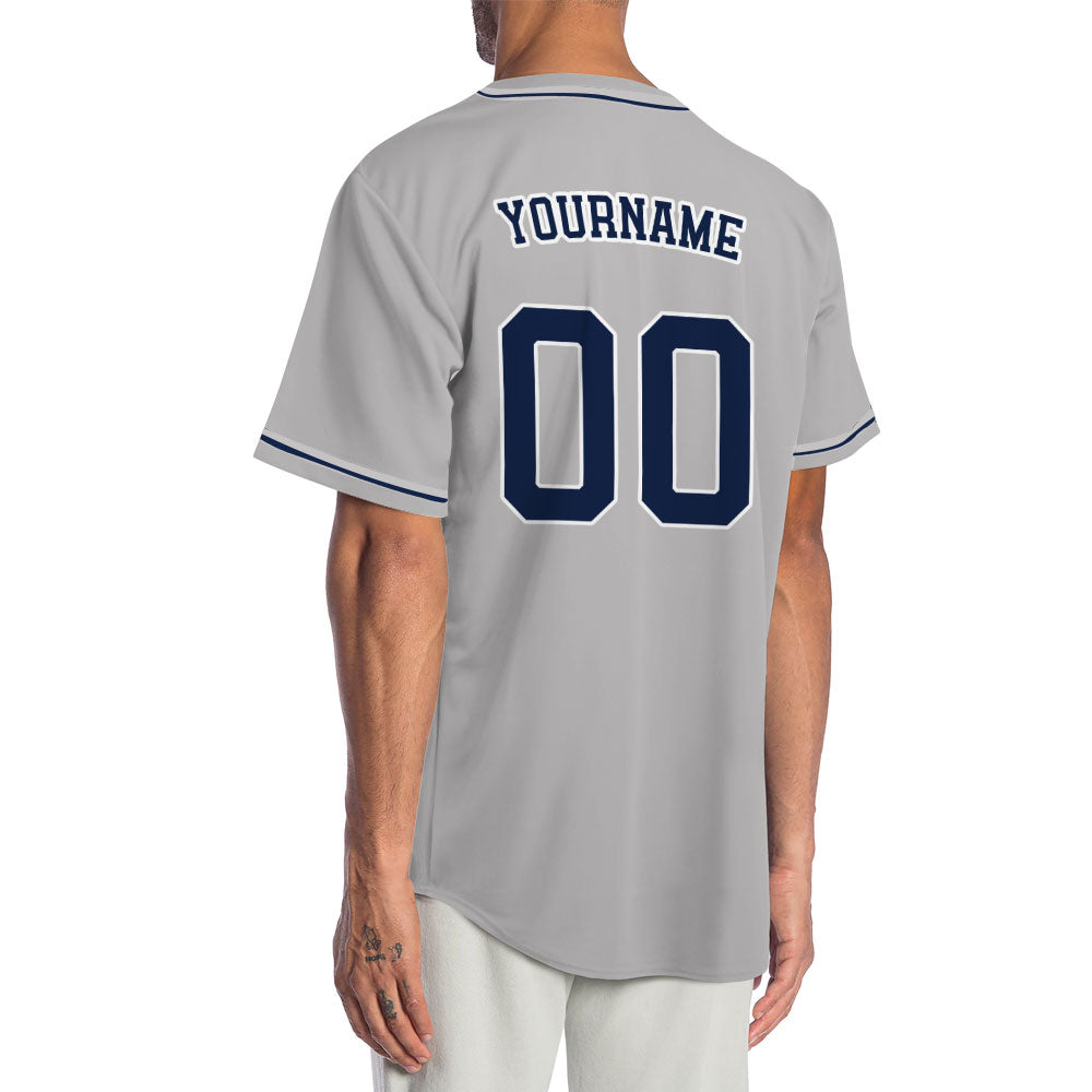 Custom solid gray baseball jersey with navy blue accents and trim