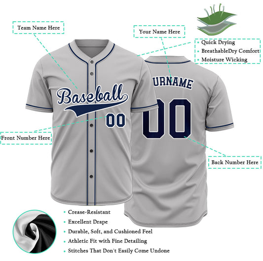 Custom solid gray baseball jersey with navy blue accents and trim