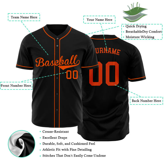 Custom black baseball jersey with orange lettering and piping