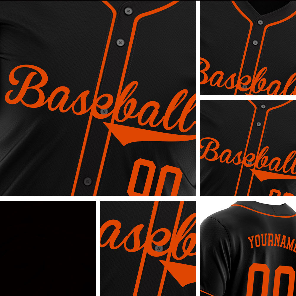 Custom black baseball jersey with orange lettering and piping