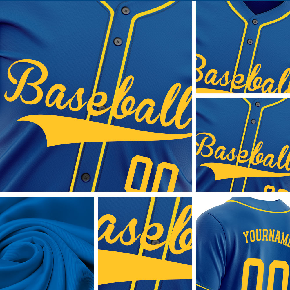 Custom Baseball Jersey with Navy Blue Base featuring Yellow Lettering and Piping