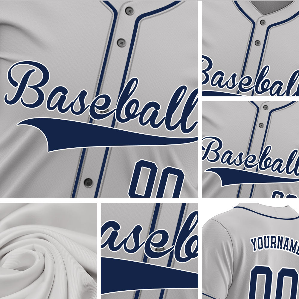 Custom solid gray baseball jersey with navy blue accents and trim
