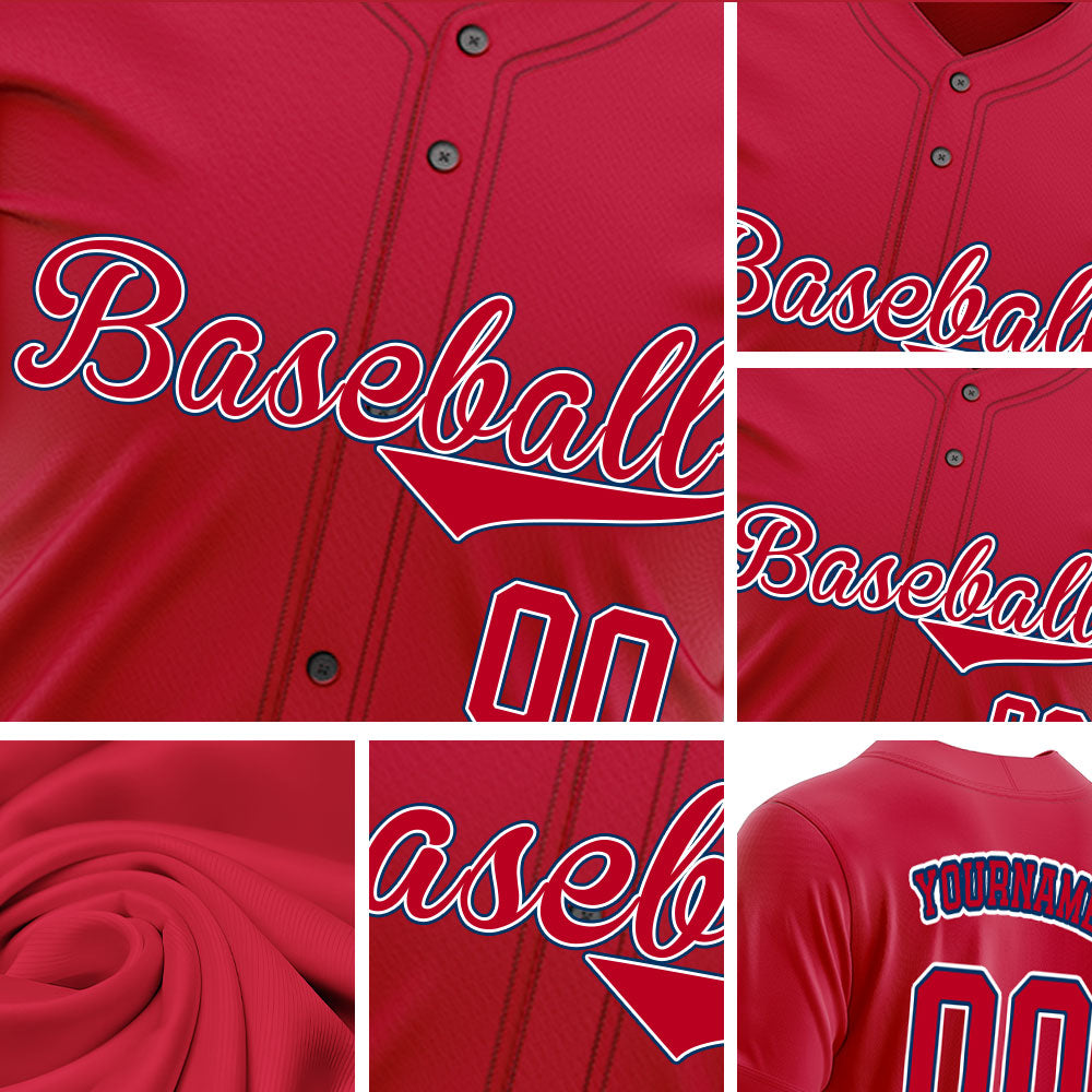 Custom Baseball Jersey with Solid Red Base featuring White Lettering with Blue Outline
