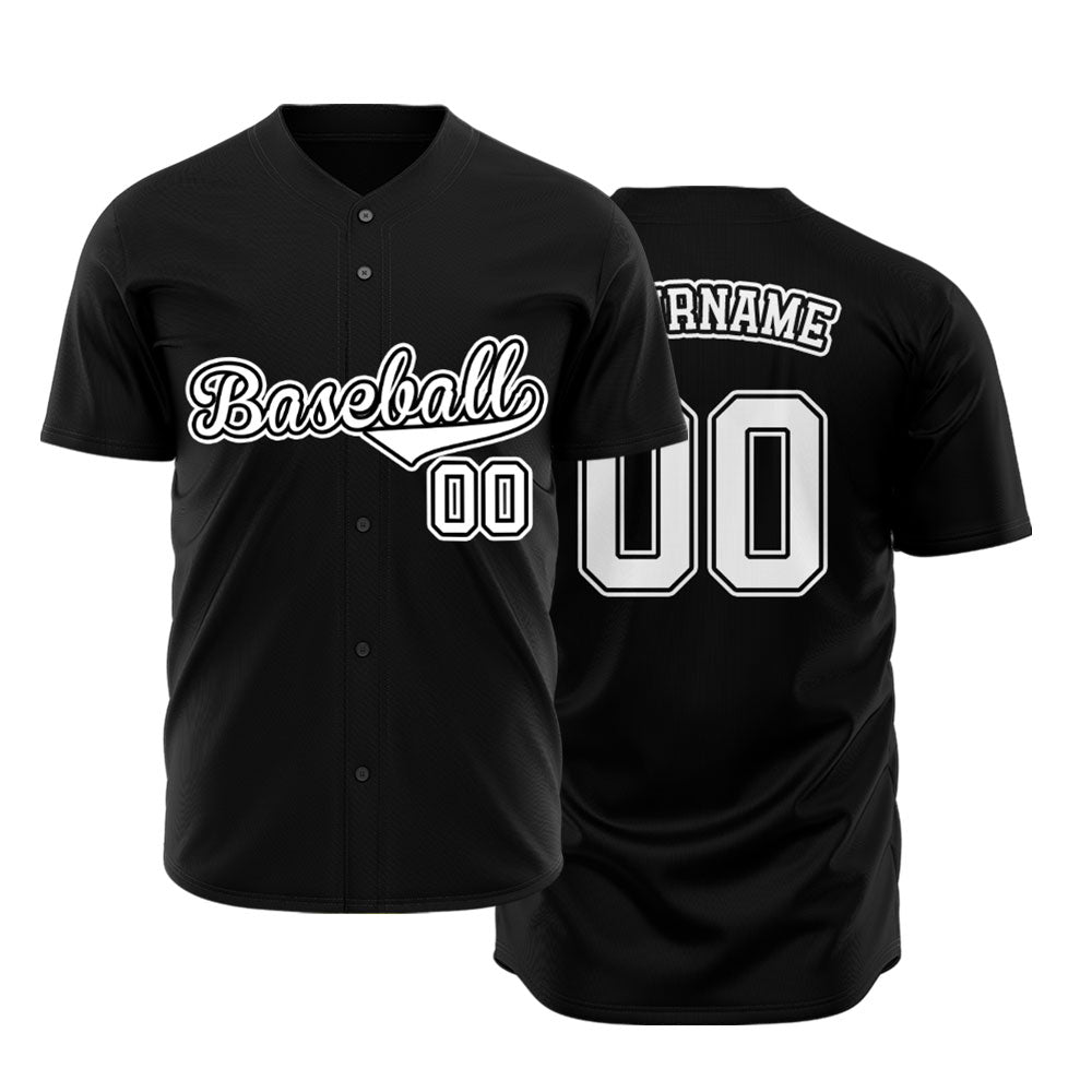 Custom black baseball jersey with white lettering and black outline