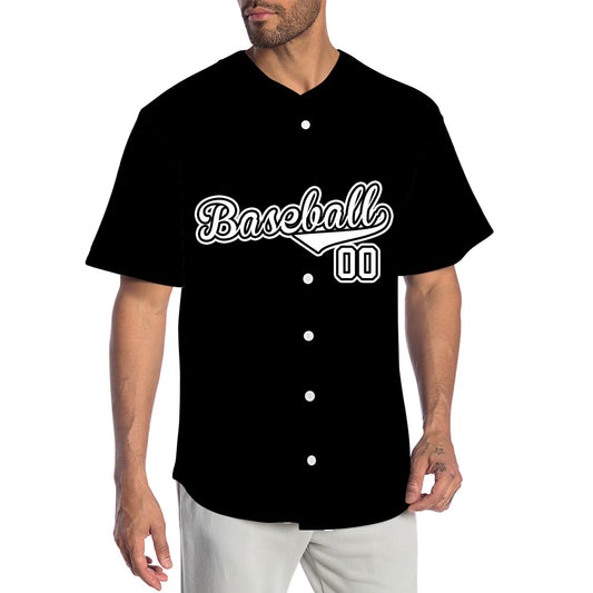 Custom black baseball jersey with white lettering and black outline