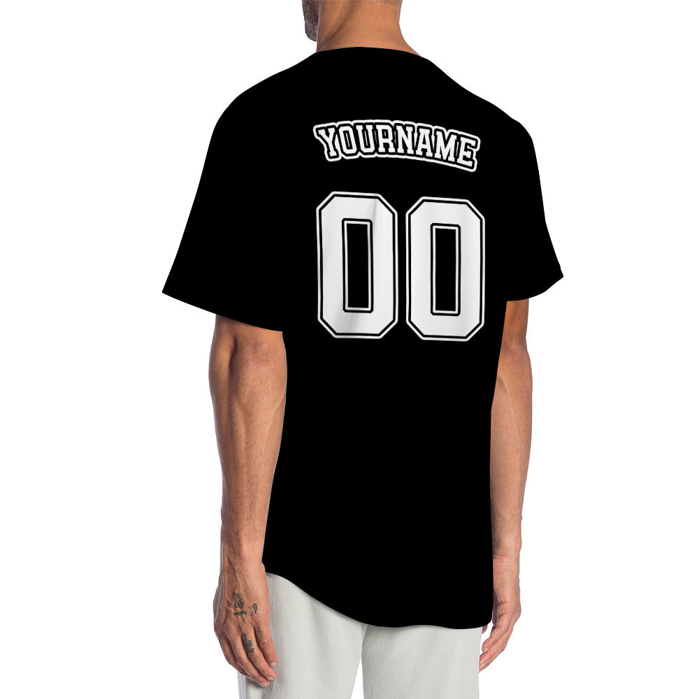 Custom black baseball jersey with white lettering and black outline