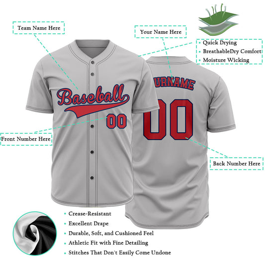 Custom gray baseball jersey with red letters and blue trim