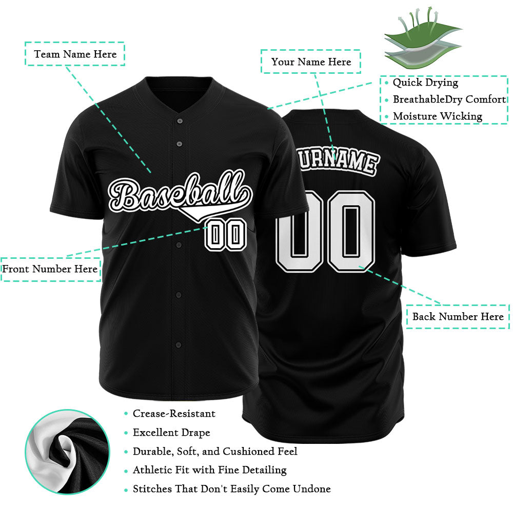 Custom black baseball jersey with white lettering and black outline