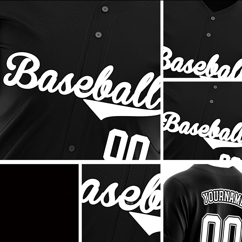 Custom black baseball jersey with white lettering and black outline