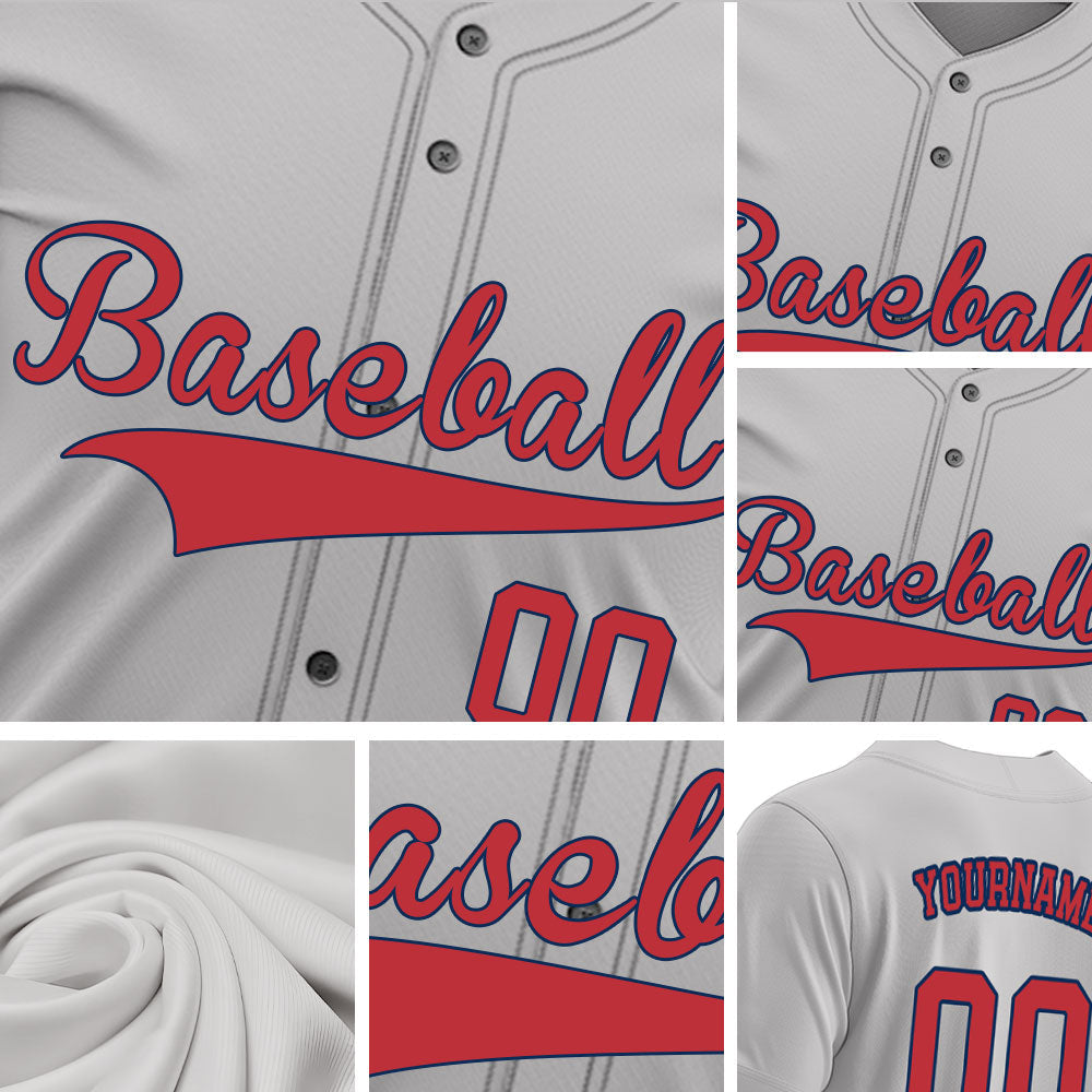 Custom gray baseball jersey with red letters and blue trim