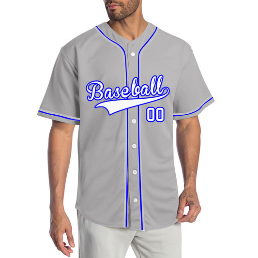 Custom gray baseball jersey with white lettering and electric blue trim