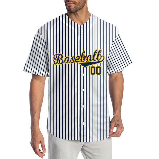 Custom Baseball Jersey with Brown Stripes and Solid White Base featuring Navy Blue Lettering with Yellow Outline