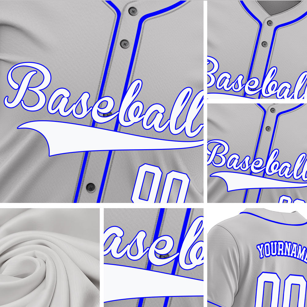 Custom gray baseball jersey with white lettering and electric blue trim
