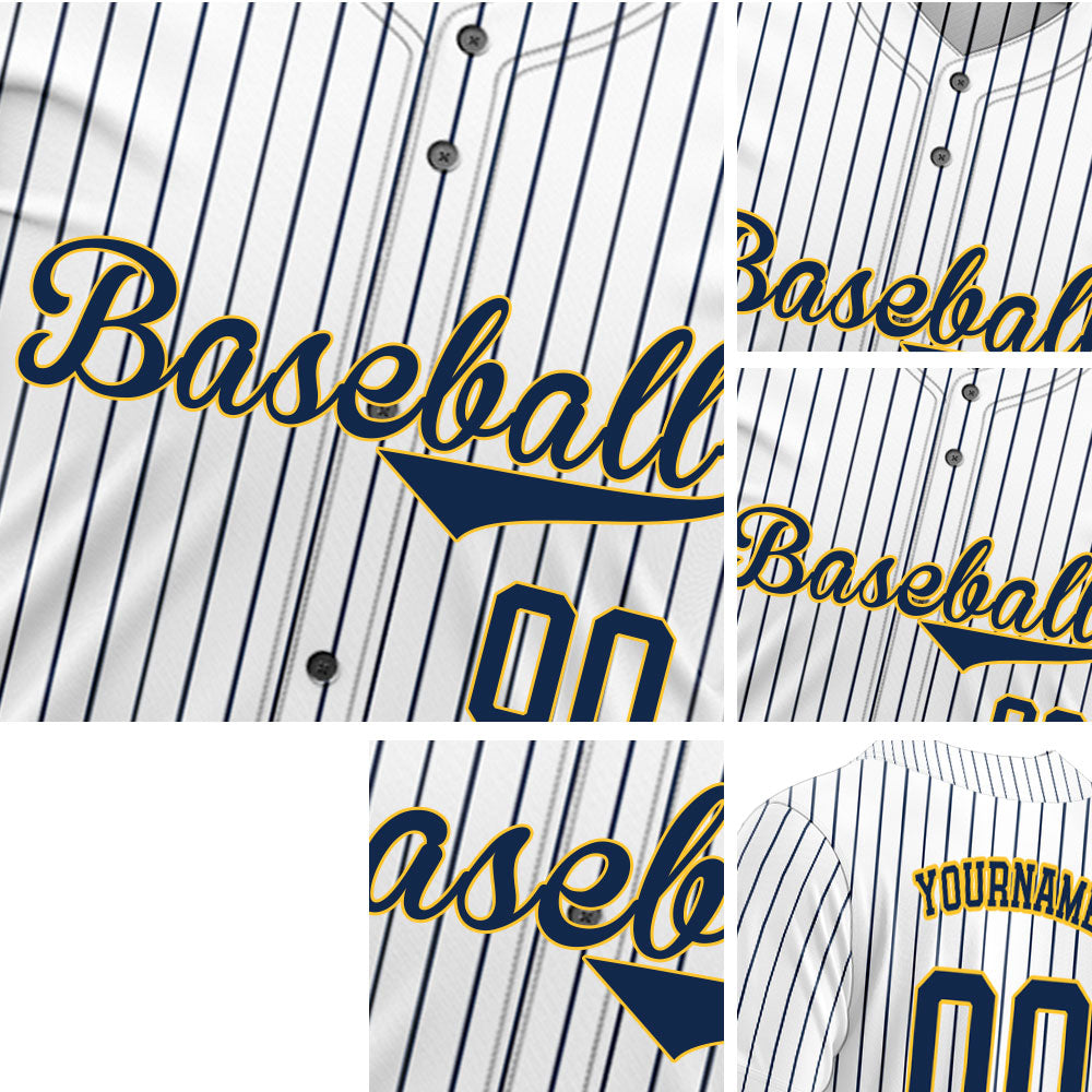 Custom Baseball Jersey with Brown Stripes and Solid White Base featuring Navy Blue Lettering with Yellow Outline