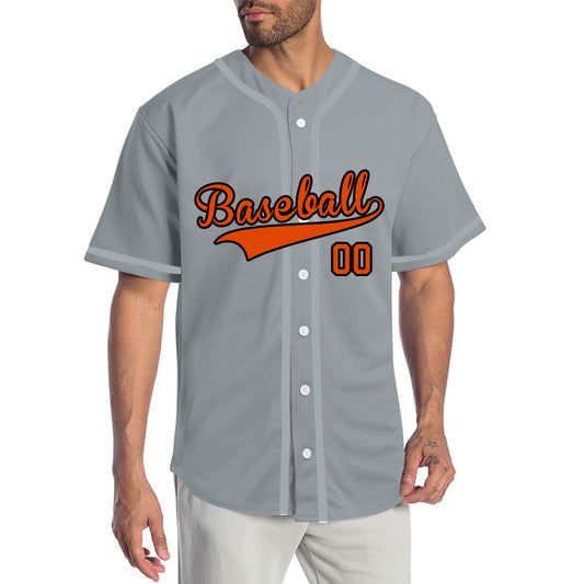 Custom gray baseball jersey with orange lettering and black outline