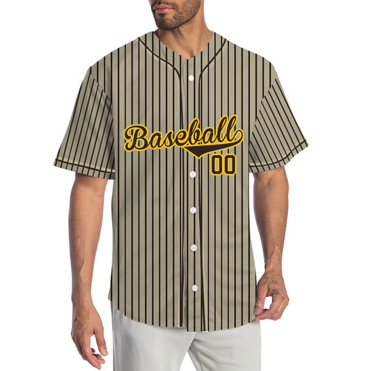 Custom Baseball Jersey with Brown Stripes and Khaki Base featuring Yellow Lettering with Brown Outline