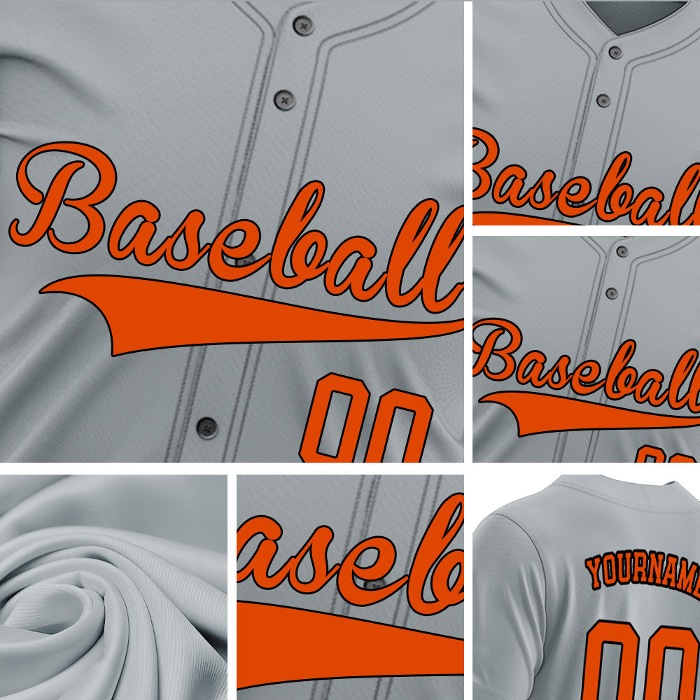Custom gray baseball jersey with orange lettering and black outline