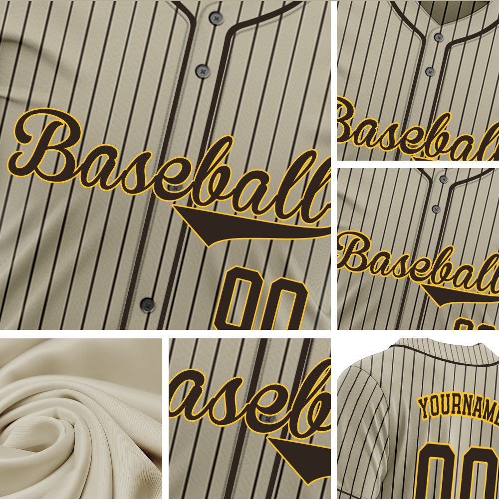 Custom Baseball Jersey with Brown Stripes and Khaki Base featuring Yellow Lettering with Brown Outline