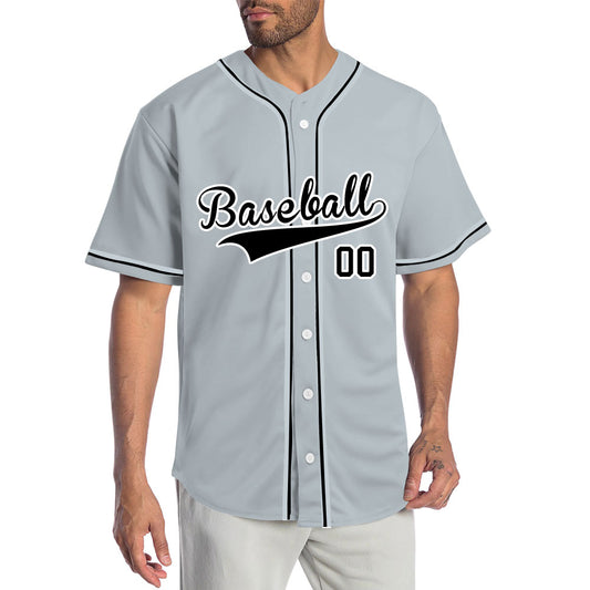 Custom gray baseball jersey with black lettering and white outline