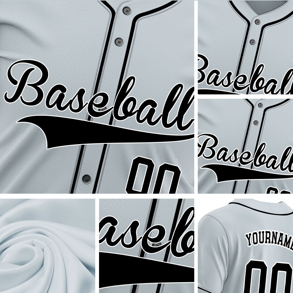 Custom gray baseball jersey with black lettering and white outline