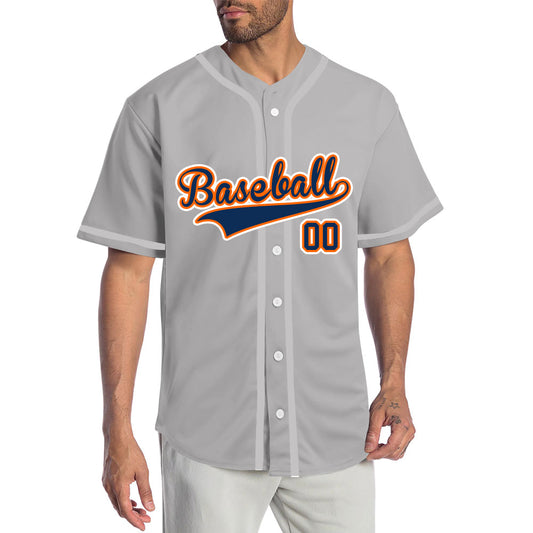 Custom gray baseball jersey with orange lettering and navy blue outline