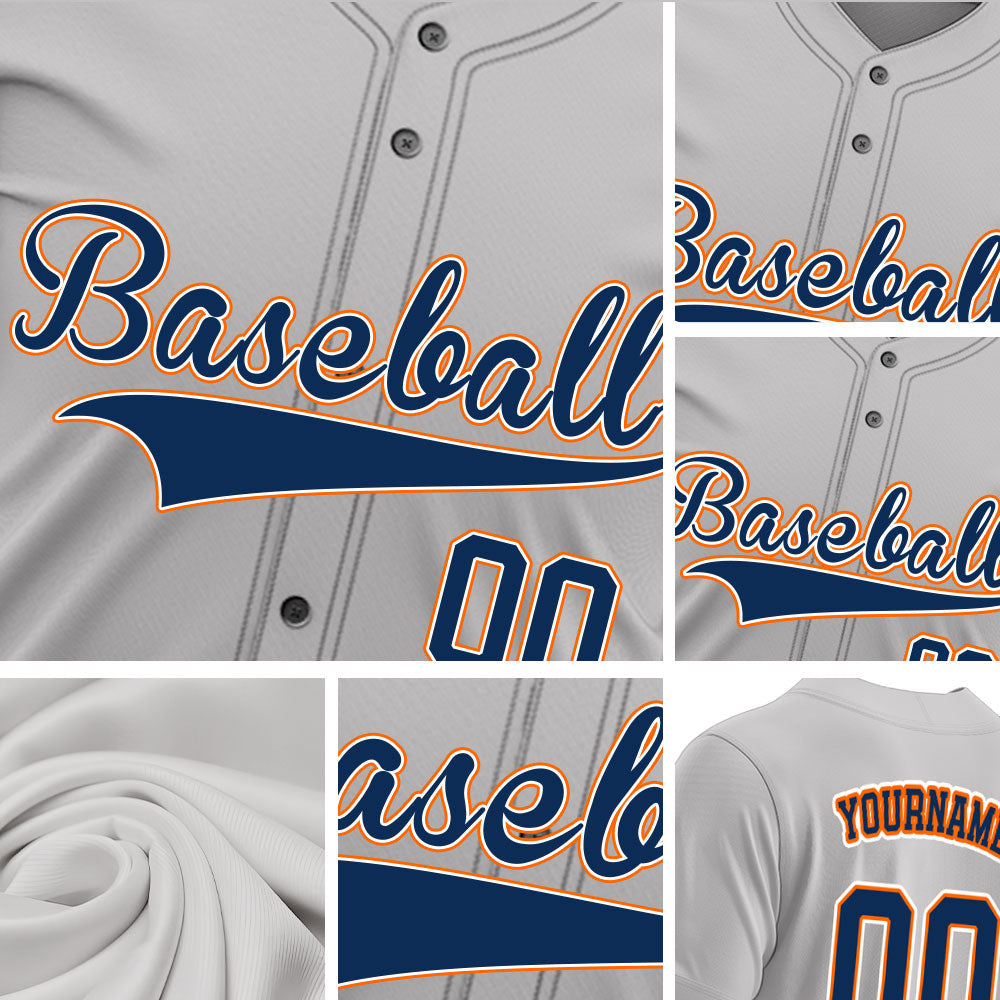 Custom gray baseball jersey with orange lettering and navy blue outline
