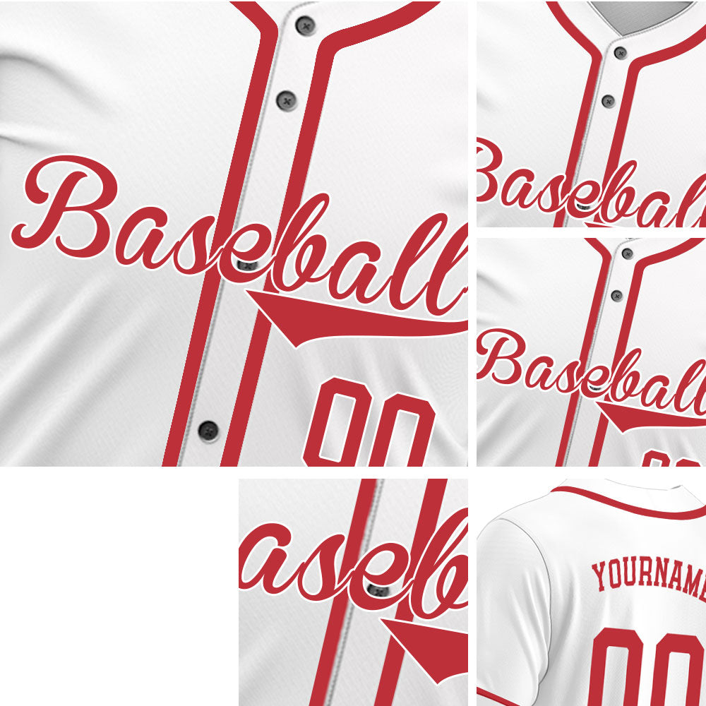 Custom solid white baseball jersey with red decorative line on the placket