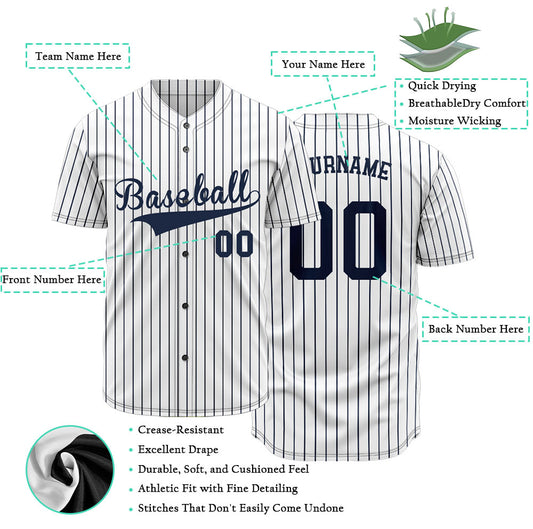 Custom Baseball Jersey with Navy Blue Stripes and Solid White Base