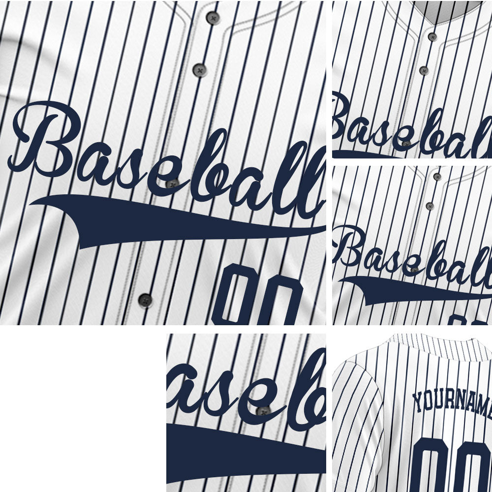 Custom Baseball Jersey with Navy Blue Stripes and Solid White Base
