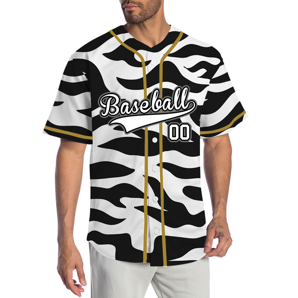 Custom Black And White Zebra Gold Baseball Jersey