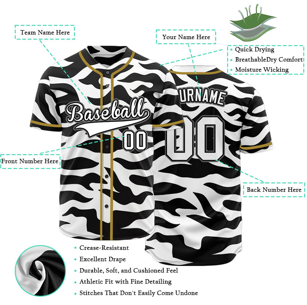 Custom Black And White Zebra Gold Baseball Jersey