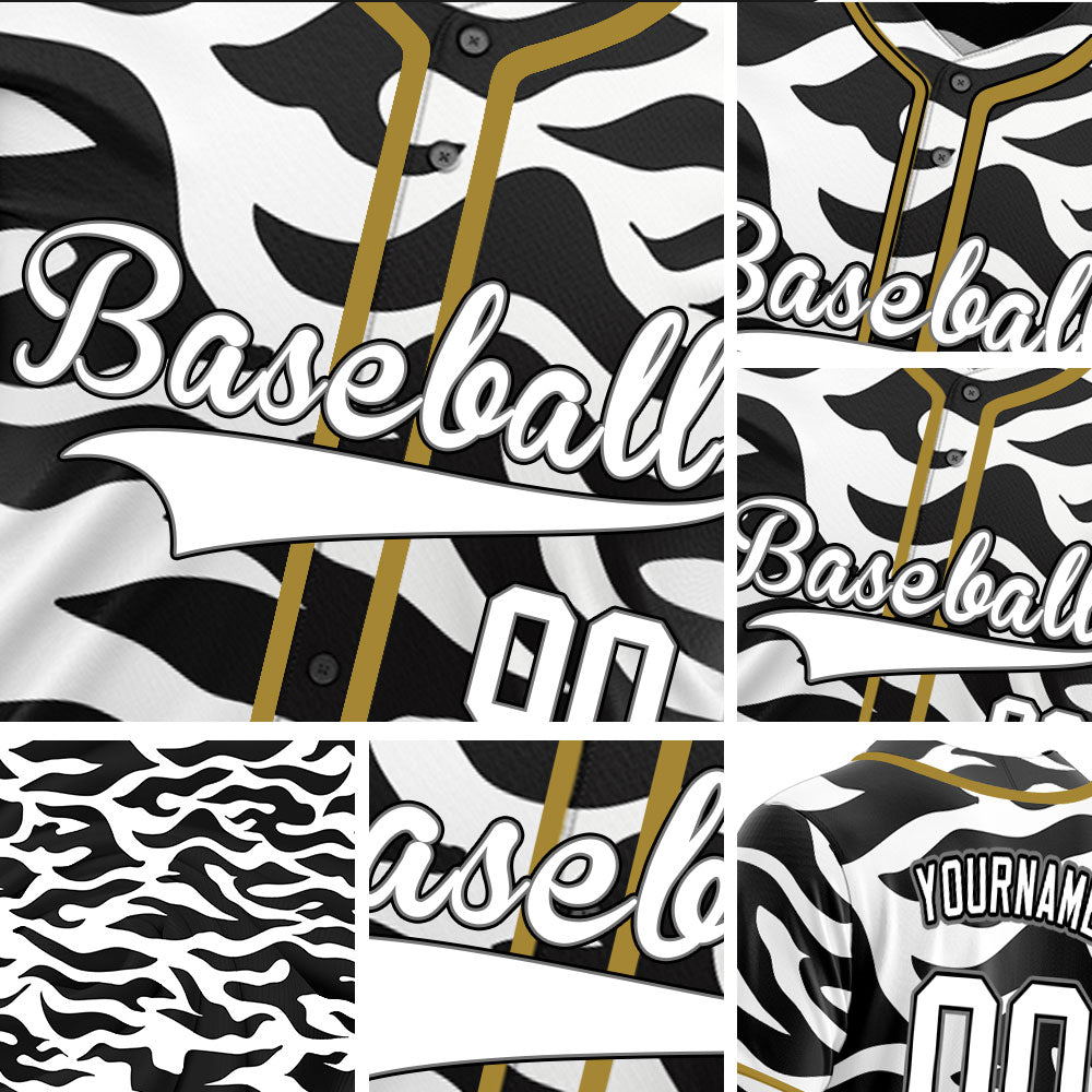 Custom Black And White Zebra Gold Baseball Jersey