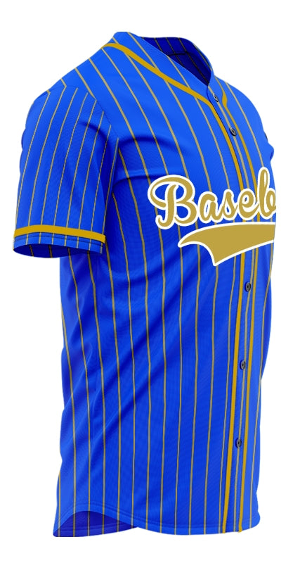 Custom Blue And Gold Vertical Lines Baseball Jersey