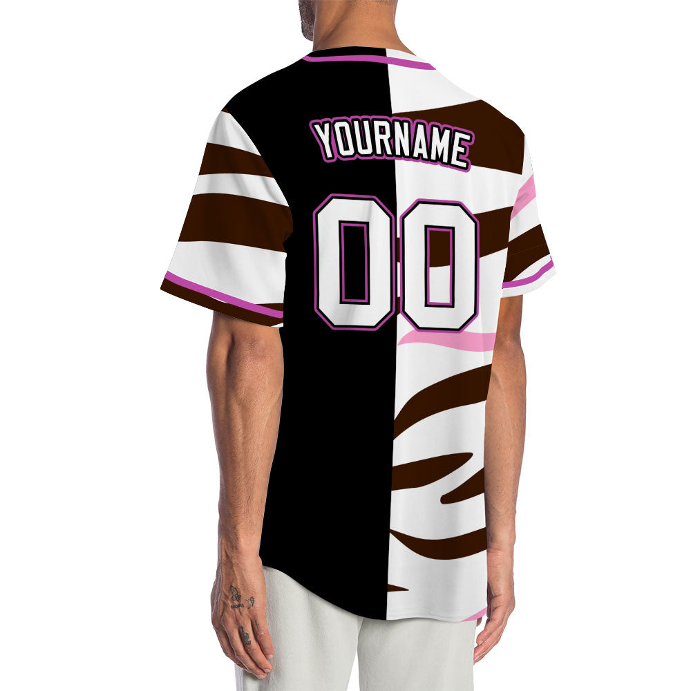 Custom Brown And Pink Stripes Half Black Baseball Jersey