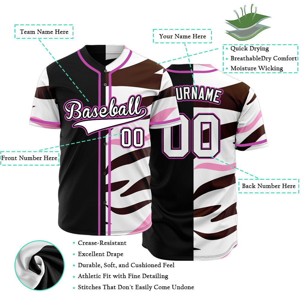 Custom Brown And Pink Stripes Half Black Baseball Jersey