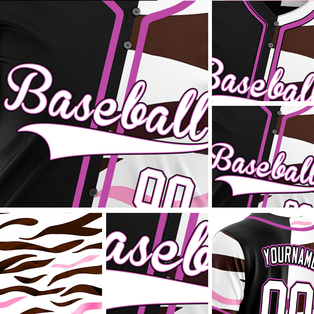Custom Brown And Pink Stripes Half Black Baseball Jersey