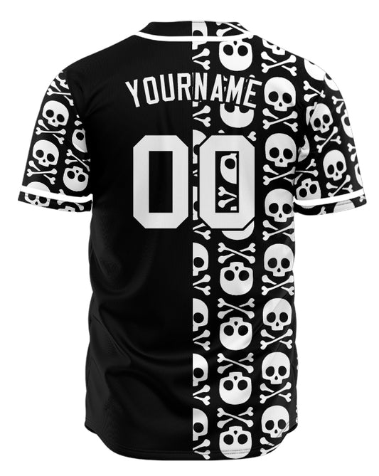 Custom Black Up And Down Skull Half Baseball Jersey