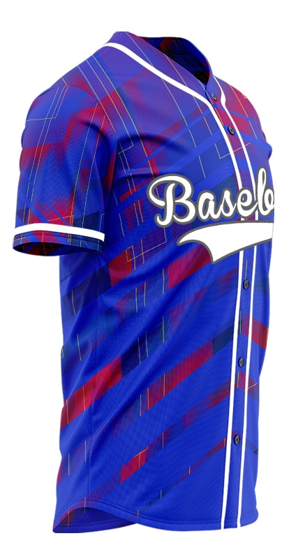 Custom Blue Red Triangle Lines Half Baseball Jersey