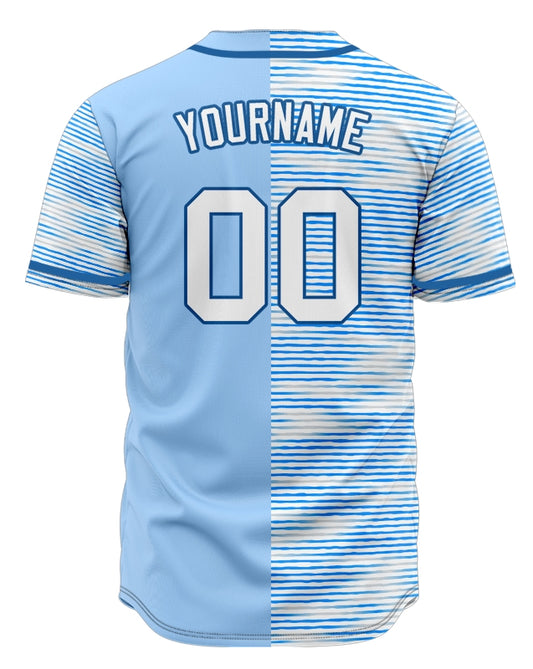 Custom Blue White Horizontal Line Half Baseball Jersey