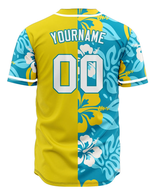 Custom Dark Blue Flower Half Yellow Baseball Jersey