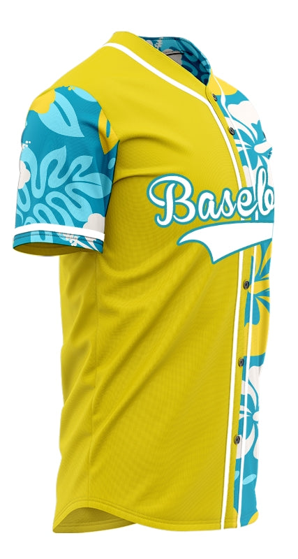 Custom Dark Blue Flower Half Yellow Baseball Jersey