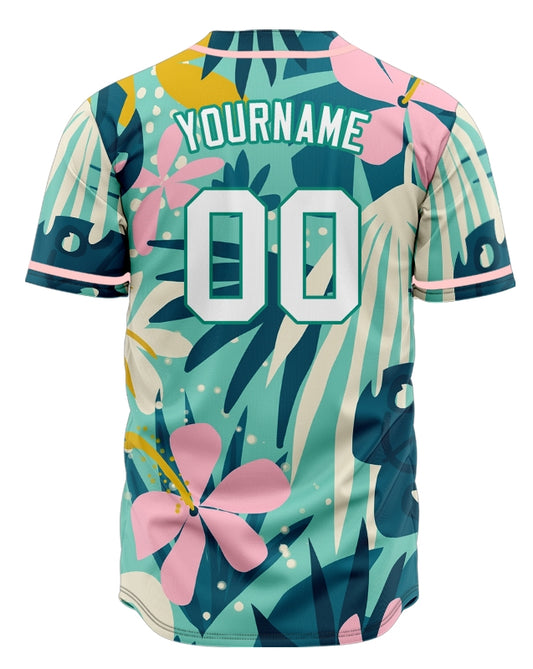 Custom GreenPink Flower Hawaiian Baseball Jersey