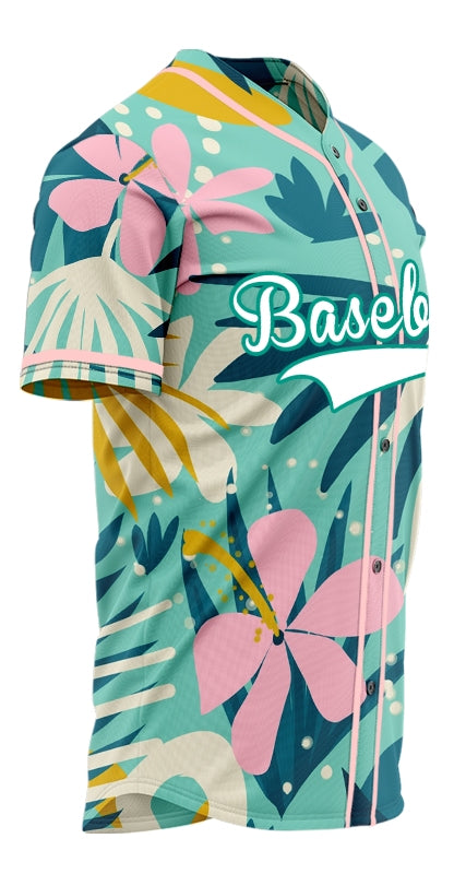 Custom GreenPink Flower Hawaiian Baseball Jersey