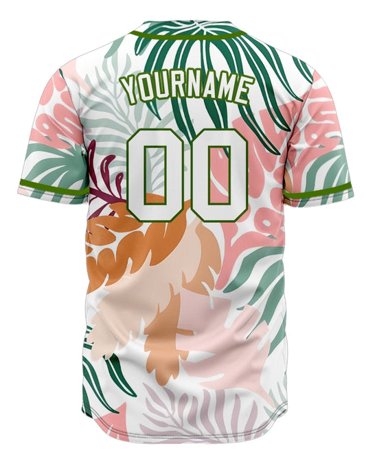 Custom Pink White Leaves Baseball Jersey
