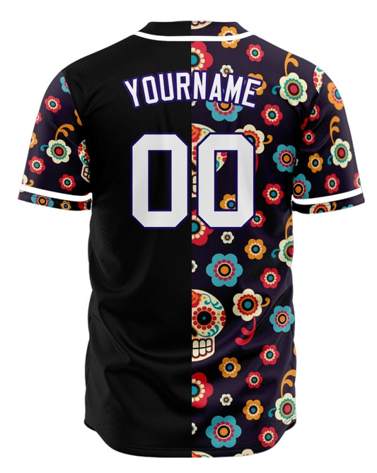 Custom Purple Flower Skull Half Baseball Jersey
