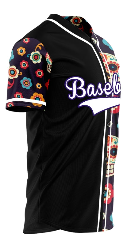 Custom Purple Flower Skull Half Baseball Jersey